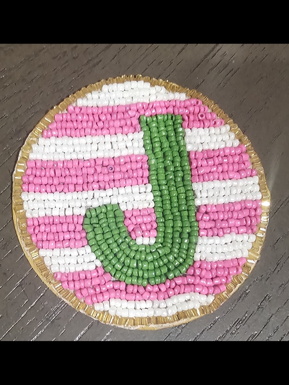 Beaded Monogram 'J' Patch Drink Coaster - Green J on Pink & White Stripes